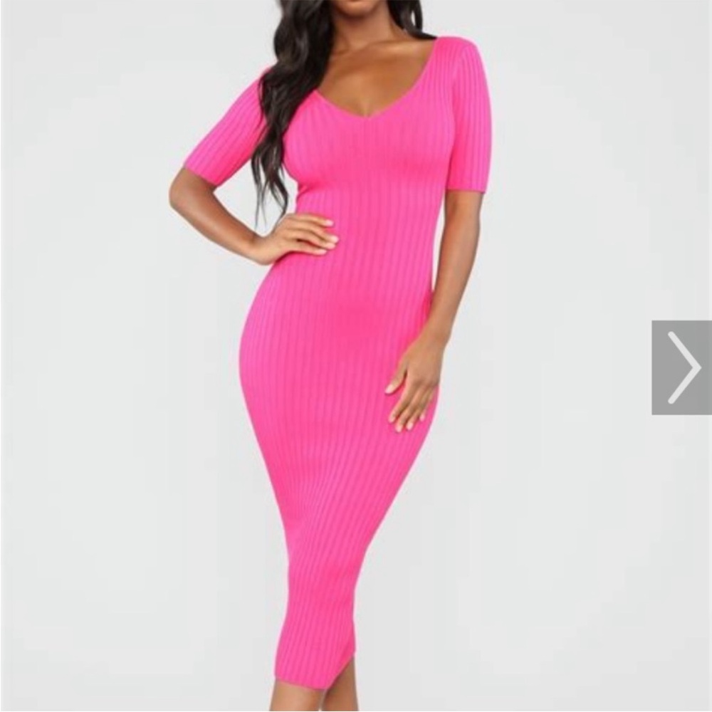 Fashion nova hot pink ribbed midi bodycon dress V-neck 3/4 sleeve kayla pencil